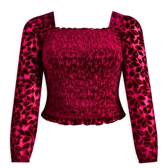 ♥️NWT VINTAGE TORRID TOP - VELVET RUCHED - PUFFY SLEEVE BLOUSE WINE - FLORAL - Picture 10 of 12